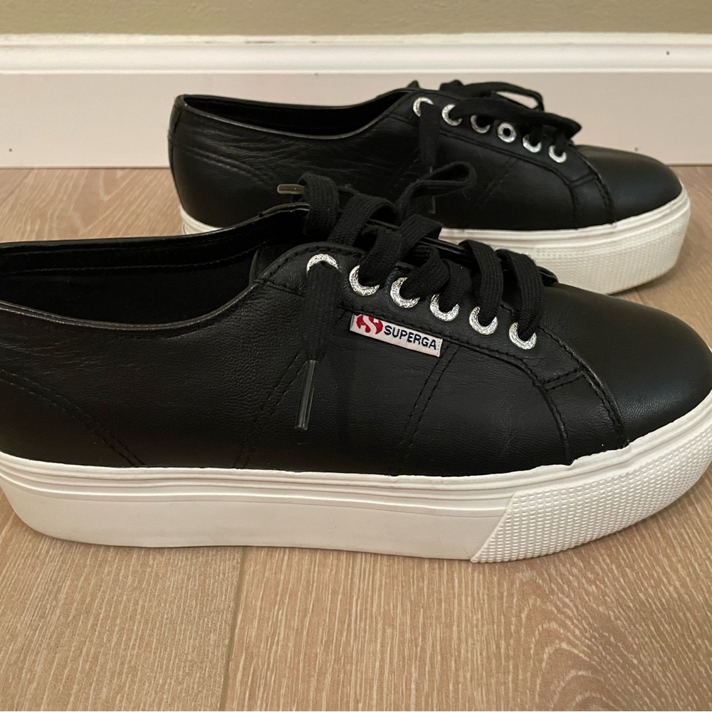 Superga Nappaleau Black Leather Low Top Sneakers US Size 9 EU 40